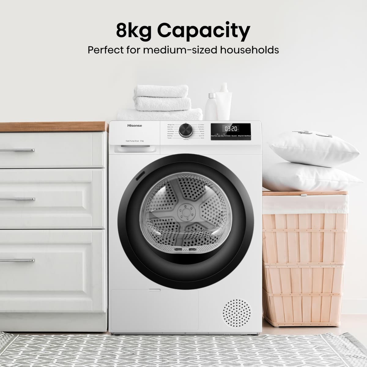 Hisense DH1Q802BW2 60cm Freestanding 8 KG Heatpump Front Load Tumble Dryer, 16 Programmes, Auto Dry, Steam Refresh, Allergy Care - White — view 3