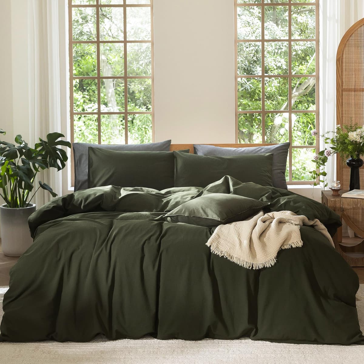 MooMee Bedding Duvet Cover Set 100% Washed Cotton Linen Like Textured Breathable Durable Soft Comfy (Tannish Linen Grey, King) — view 10