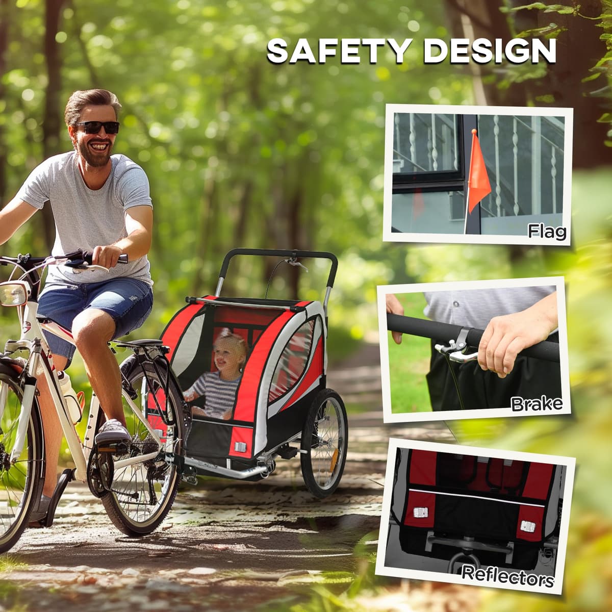 HOMCOM Child Bike Trailer, Baby Bicycle Trailer for 2 Kids with 5 Point Harness, Steel Frame, Reflectors, Safety Flag, Hitch Coupler, Red — view 8