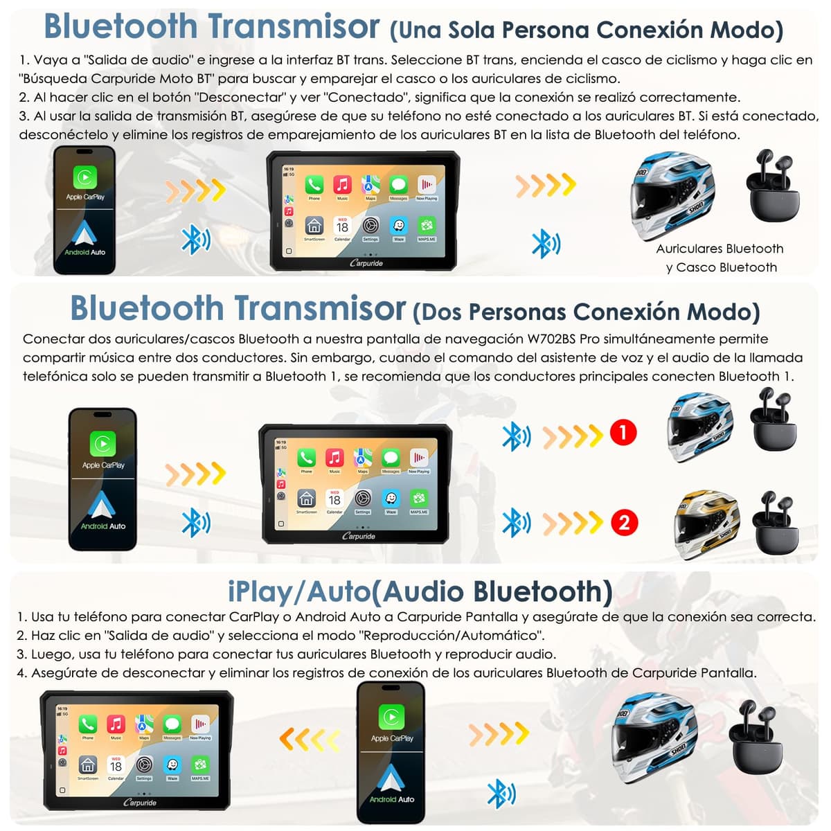 Carpuride W702T Pro Motocicleta Carplay Pantalla con TPMS Sistema, Inalámbrico CarPlay y Android Auto, 7" Impermeable Táctilpantalla, Dual Bluetooth, Intercomunicador Función, Nav, Brújula, Barómetro. — view 5