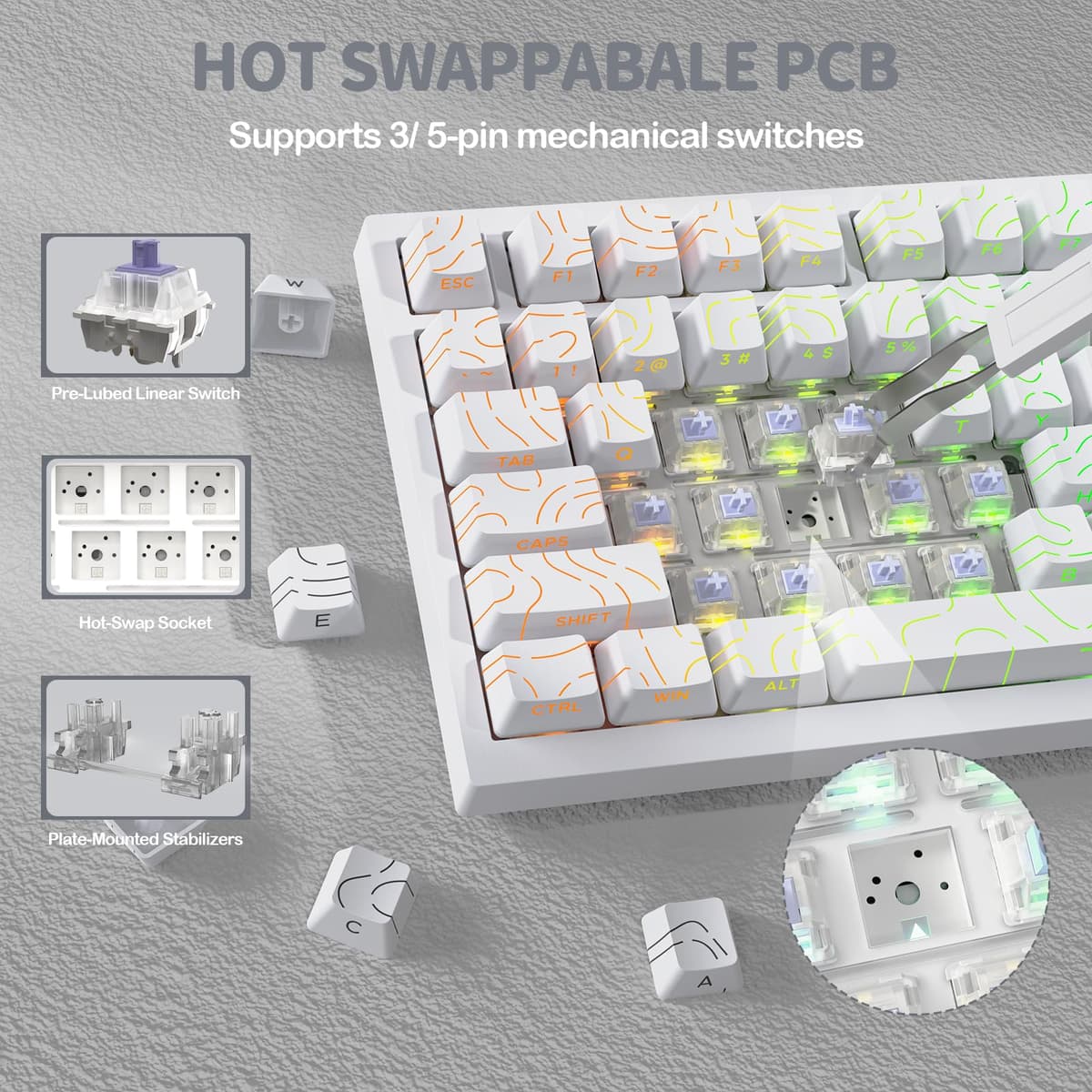 YINDIAO ATTACK SHARK X820 Ultra Teclado Mecánico Gasket con Pantalla TFT y Perilla, Diseño ANSI 75%, 2,4 GHz/BT/Cableado, 5 Espumas Insonorizantes, Hot Swap, para PC,MAC (Blanco, Interruptor Regalo) — view 5