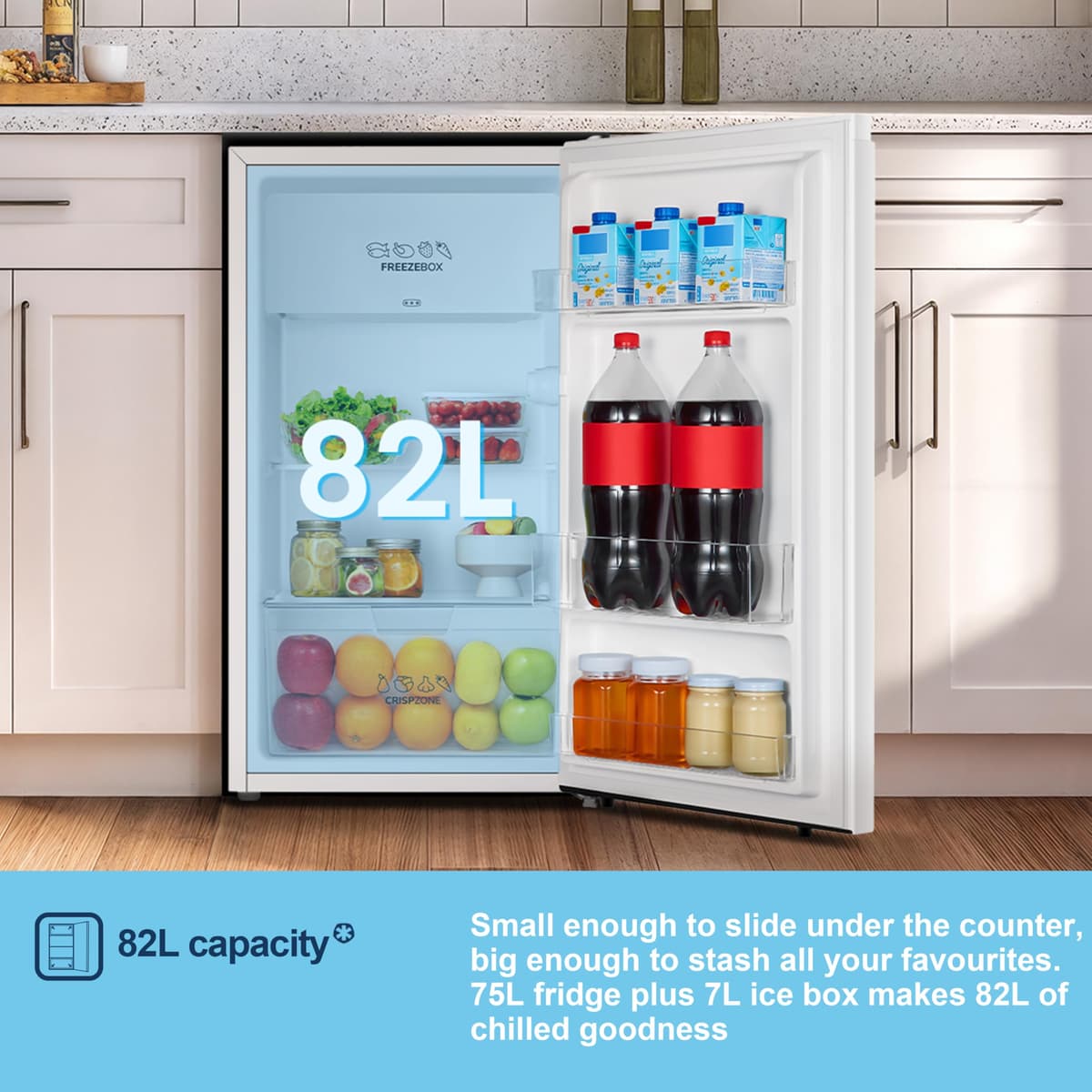 Fridgemaster MUR4894E 82L Under Counter Fridge with LED Lighting, Adjustable Temperature Control, Reversible Door and 3 star Ice Box, White, E rated — view 5