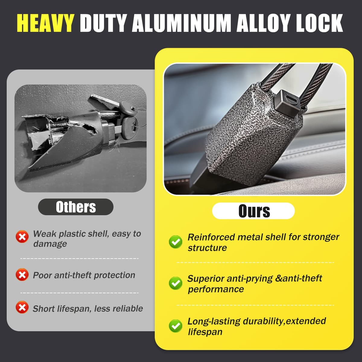 Steering Wheel Lock, Car Steering Wheel Locks, Car Seat Belt Lock with Metal Head, High Visibility Car Lock Anti-Theft Device for Car, SUV, Pickup, Van, RV, 3 Keys (Red) — view 2