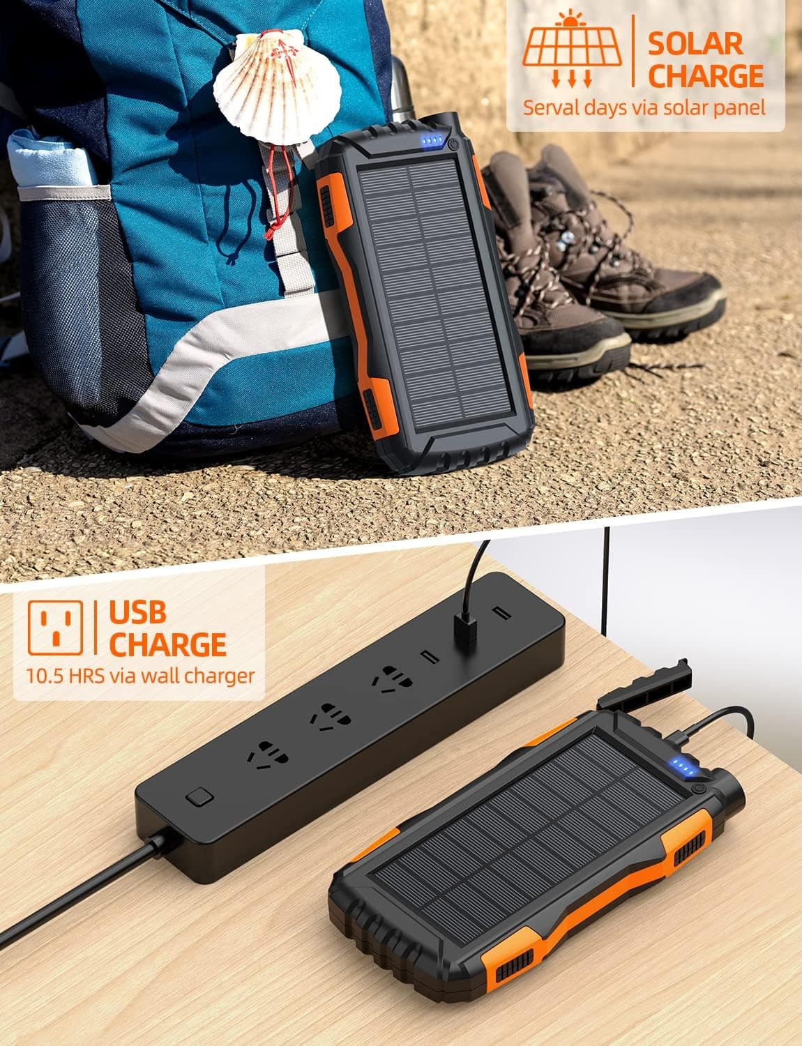 Power-Bank-Solar-Charger - 42800mAh Power Bank,Portable Charger,External Battery Pack 5V3.1A Qc 3.0 Fast Charging Built-in Super Bright Flashlight (Orange) — view 6
