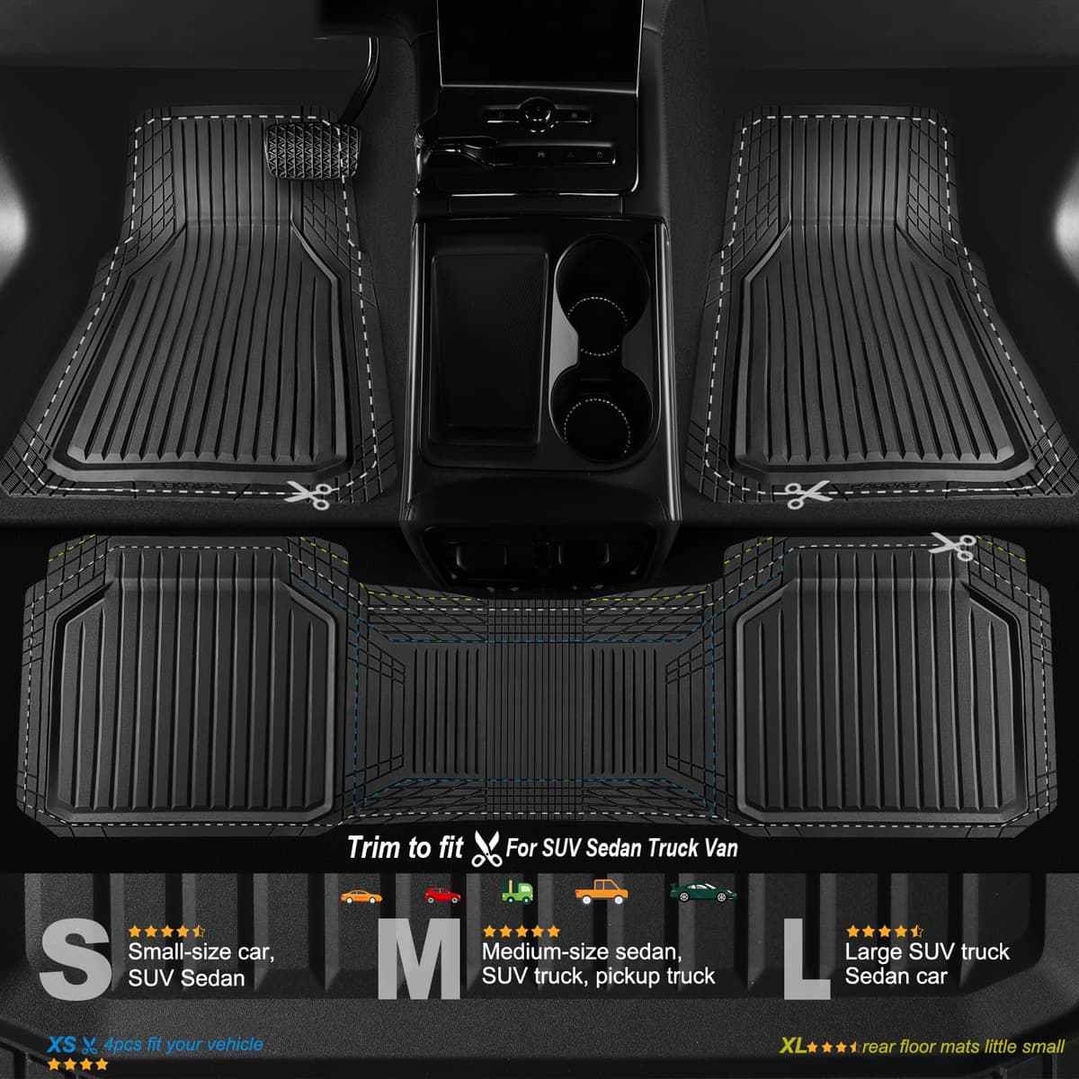 CAR PASS Heavy Duty Rubber Floor Mats for Car, Waterproof Liner Deep Dish Car Mats Full Sets, Universal Trim to Fit for SUV Truck Sedans Vans, All Weather Automotive Floor Mats 3pcs, Solid Black — view 2