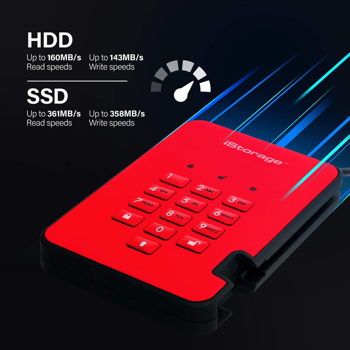 iStorage diskAshur2 SSD 256GB Red - Secure portable solid state drive - Password protected - Dust & water resistant - Hardware Encryption — view 6