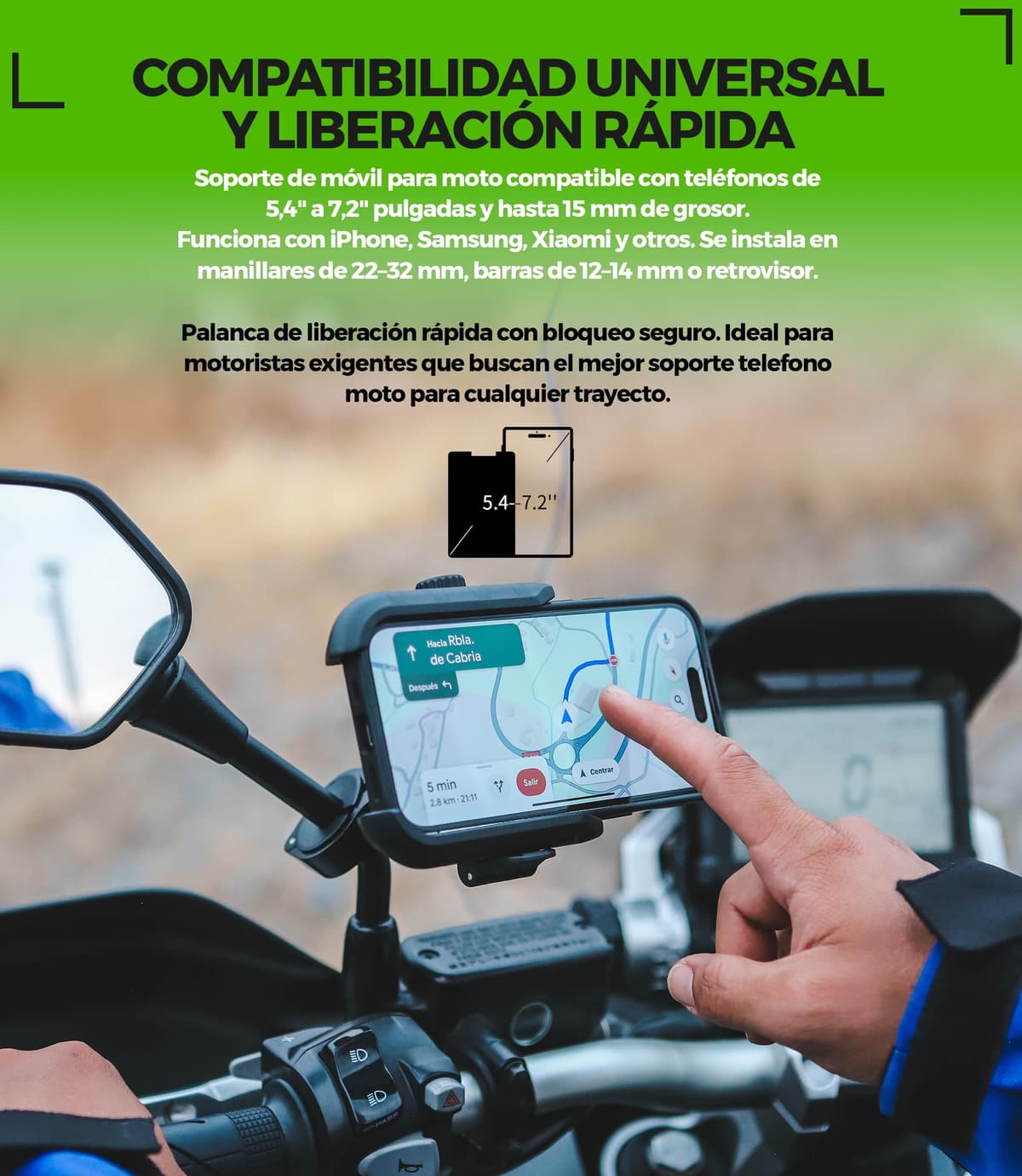 Soporte Movil Moto Antivibración de Aluminio CNC Liberación Rápida y Rotación 360° para Montaje en Manillar Espejo Retrovisor y Barras 12–14 mm Compatible con Scooter Bicicleta y Patinete Eléctrico — view 5