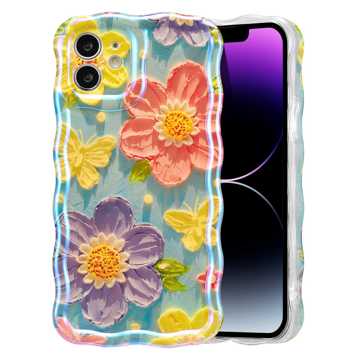 EYZUTAK Case for iPhone 16, Colorful Retro Oil Painting Printed Flower Laser Glossy Pattern Cute Curly Wave Edge Exquisite Phone Cover Stylish Durable TPU Protective Case for Girl Women-Green — view 67