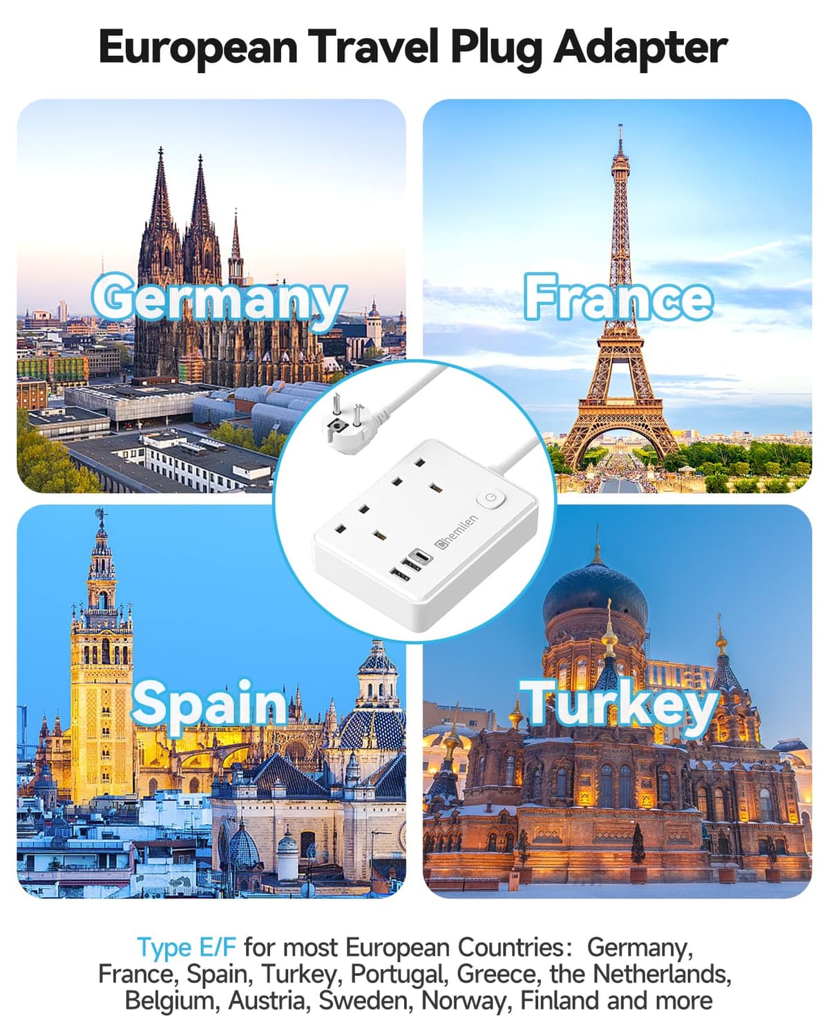 UK to European Plug Adapter 2 UK Outlets & 3 USB Ports, European Plug Adapter with 1.5M Extension Cable for Germany, France, Spain, Turkey, Egypt, Greece, Portugal and More(Type E/F) — view 3