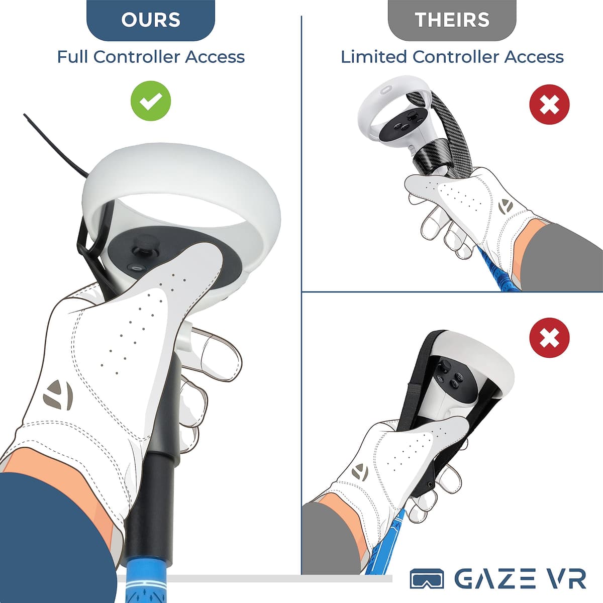 Gaze VR | VR Golf Club Attachments for Meta Quest 2 | Pro Grip | Right & Left Controllers | Blue — view 2