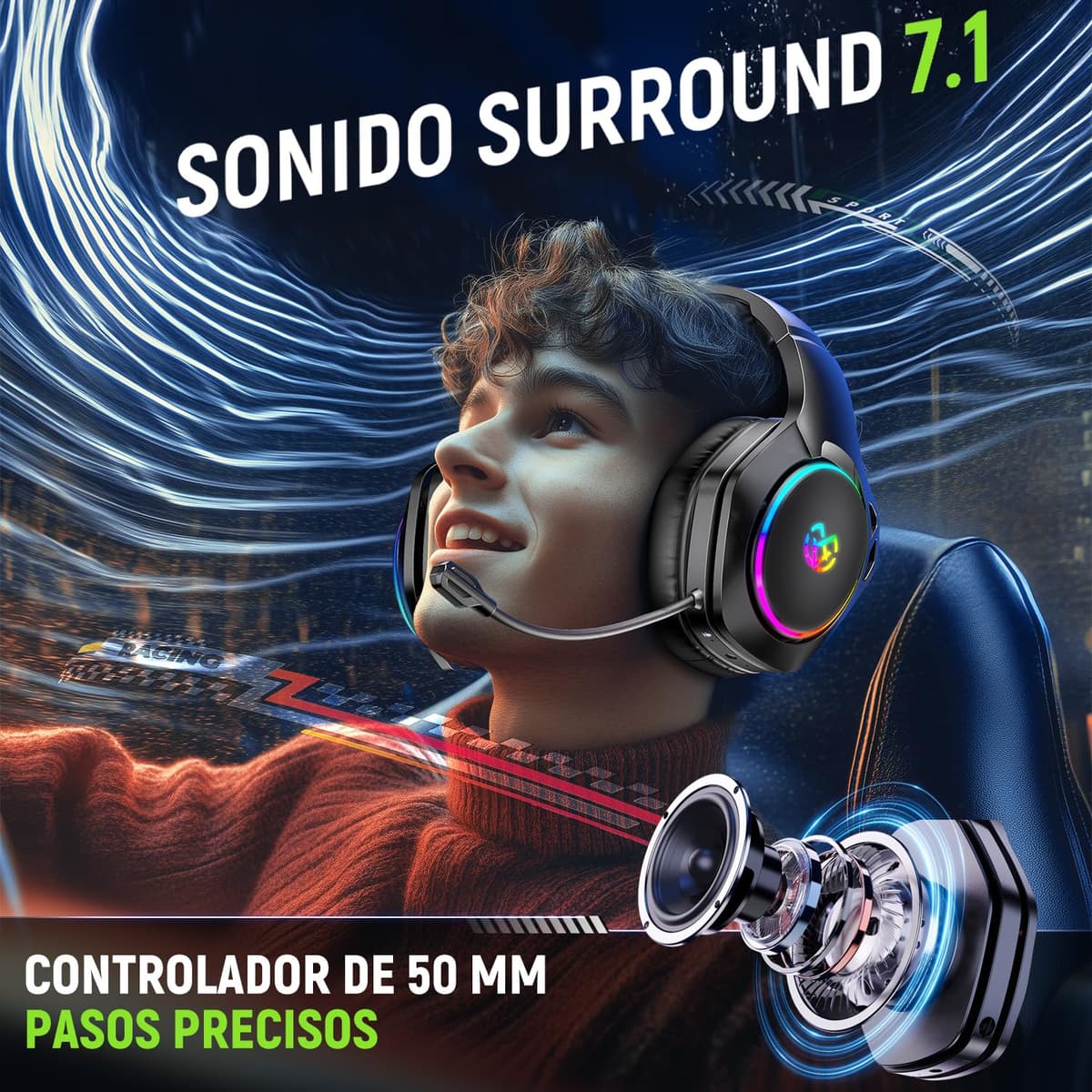 Tatybo Cascos Gaming Inalámbricos para PC/Ps5/Ps4, Auriculares Gaming Inalámbricos con 2,4 GHz+Bluetooth 5,3 Modo Dual, 7.1 Sonido Envolvente, Duración 40Hr+ — view 2