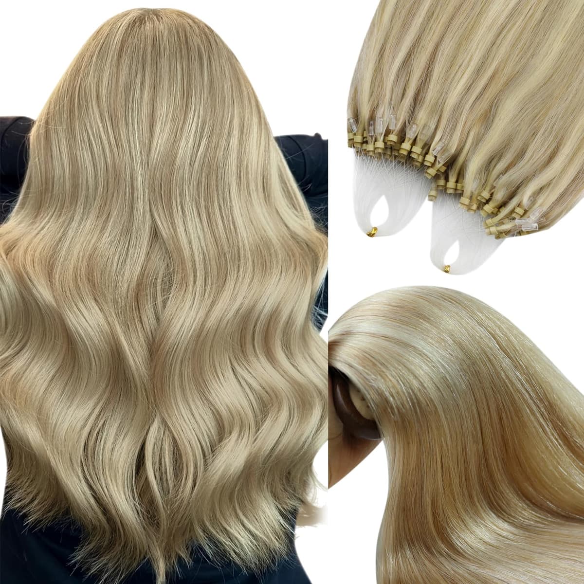 YoungSee Nano Hair Extensions Blonde 16inch Nano Beads Hair Extensions Warm Ash Blonde Highlight Bleach Blonde Nano Ring Hair Extension Highlight for School Soft Cold Fusion 50s 50g — view 55