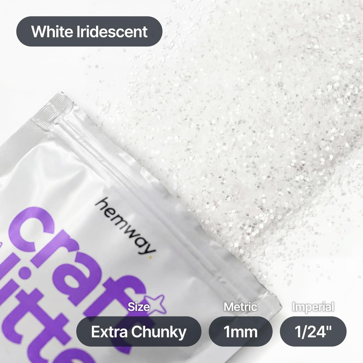 Hemway - Purpurina para manualidades, vasos, resina, epoxi, uñas, cera, álbumes de recortes, cristal, decoración de escuelas: blanco iridiscente, extragruesa (1 mm), 100 g — view 4