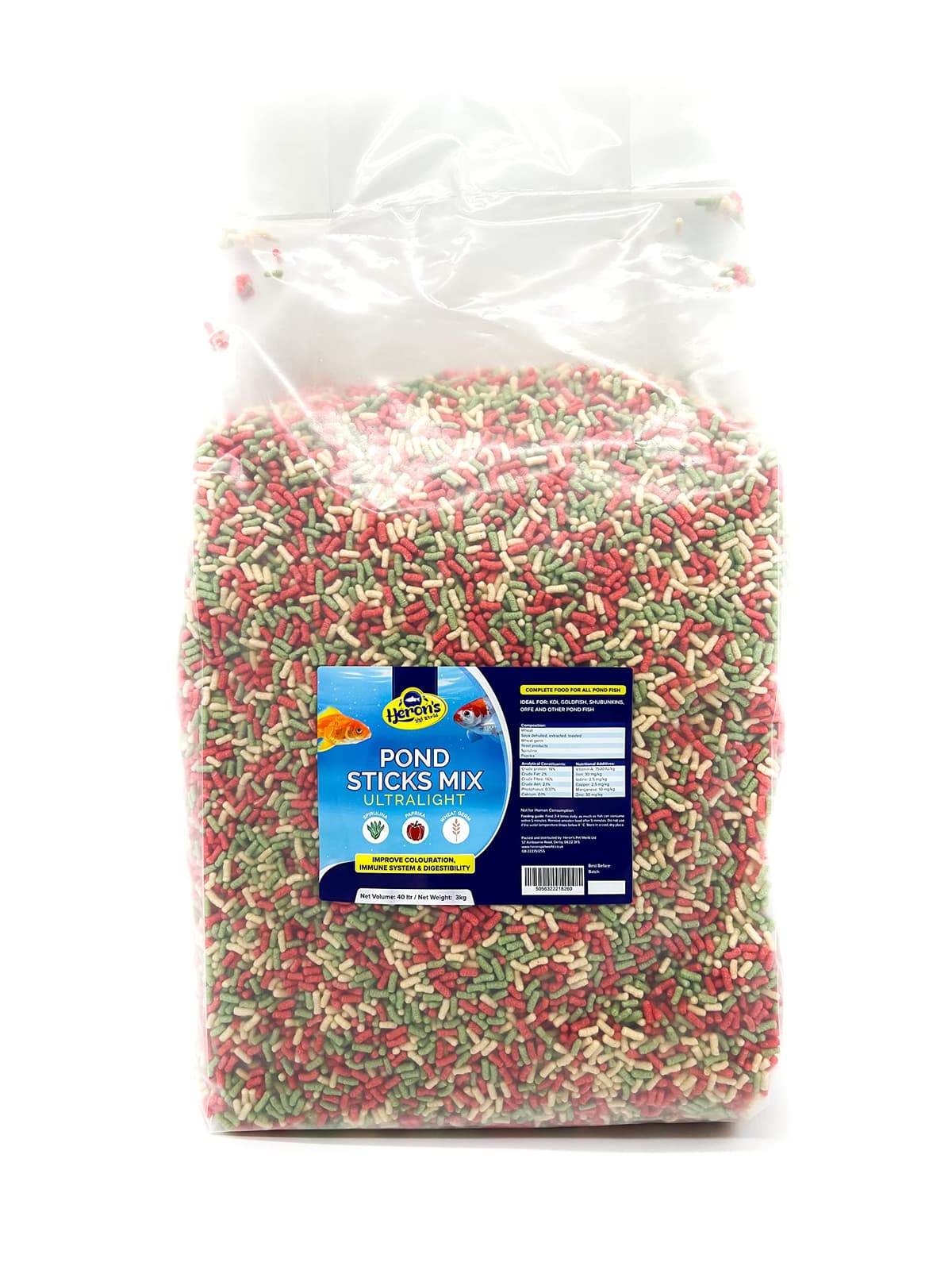 HERONS - Pond Sticks Mix Ultralight 40L - Floating Sticks for Koi, Carp and Coldwater Fish - Immune System Boost - With Spirulina and Paprika - Complete Feed for Pond Fish - 3 KG — view 2