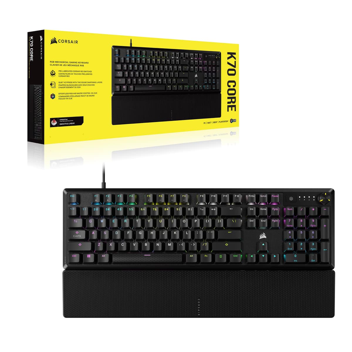 CORSAIR K70 CORE RGB Mechanical Wired Gaming Keyboard with Palmrest – Pre-Lubed MLX Red Linear Switches, SOCD, ABS Painted Keycaps, Sound Dampening, Media Control Dial, QWERTY UK – Black — view 9