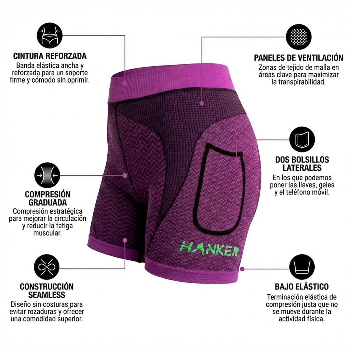 HANKER Mallas Deportivas Mujer Cortas Compresivas con Bolsillos Cintura Alta para Running y Gimnasio — view 3