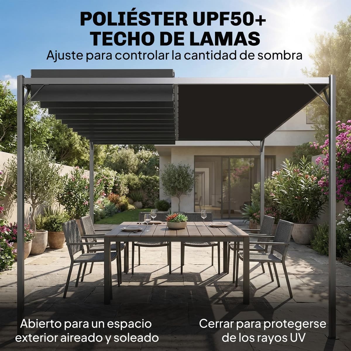 Outsunny Pérgola de Jardín 3x4 m, Cenador de Jardín con Techo de Lamas Orientables, Estructura de Metal, Protección UPF50+, Pabellón para Exterior, Patio, Terraza, Gris Oscuro — view 3