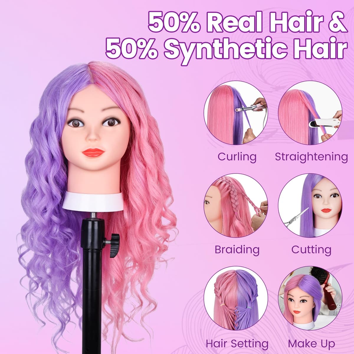 Cabeza de Maniquí, TopDirect 66cm/26" 50% Cabello Real Practicas Formación Muñeca de la Cosmetología para Peluquería, Cabeza de Muñeca con Soporte de Mesa + Accesorios de Peinado — view 3