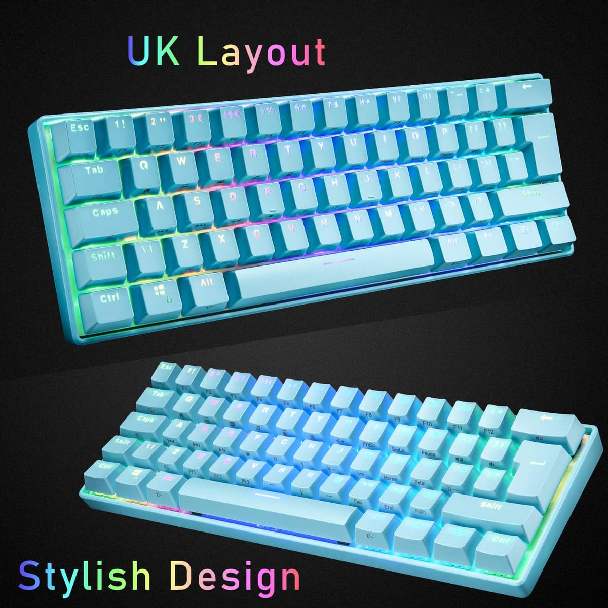 UrChoiceLtd UK61 60% Teclado mecánico para Juegos Tipo C Cableado 61 Teclas Retroiluminación LED Teclado Impermeable USB Retroiluminación RGB Teclas Anti-Fantasma para computadora/PC/Laptop/Mac — view 2