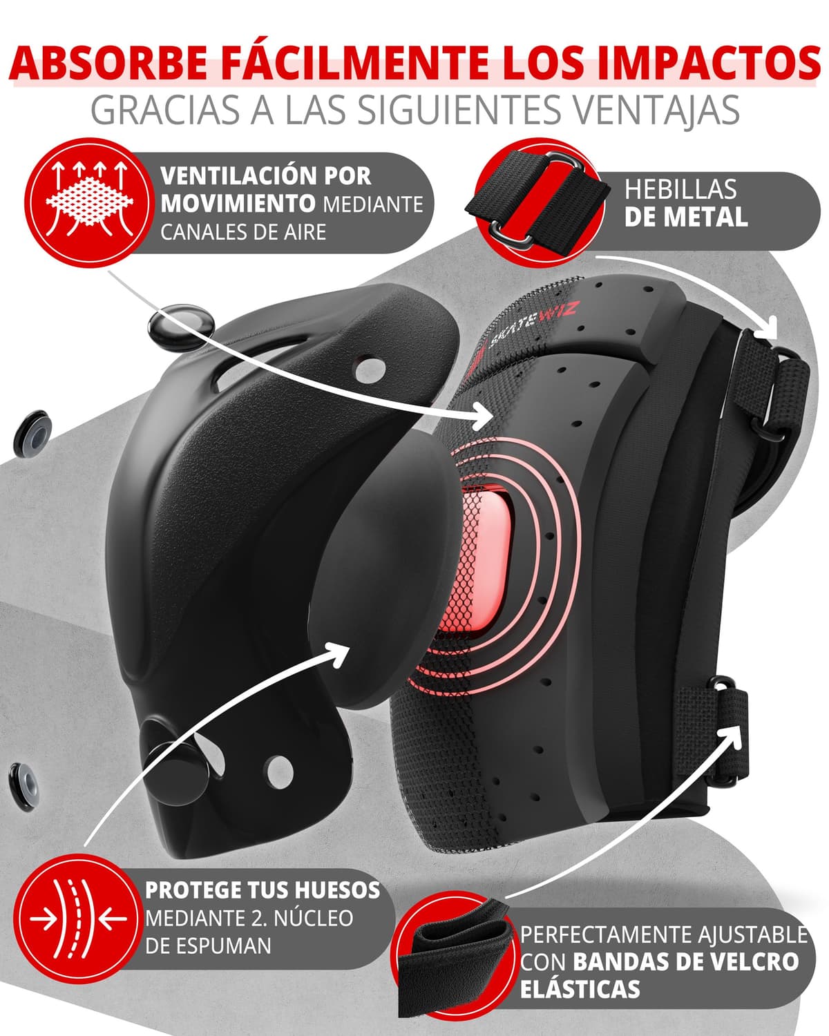 SKATEWIZ Protecciones Patines Niña, Niño e Adulto [6 piezas] Rodilleras y Coderas Niño Patinaje, Patines, Rodilleras Para Niños - Marca Alemana — view 4