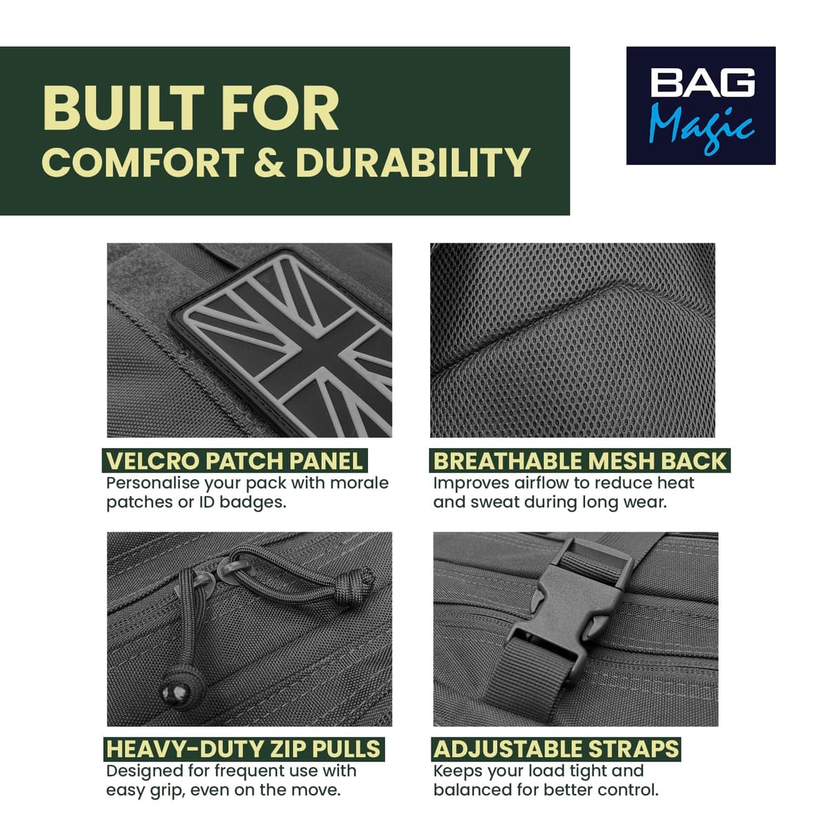 Military Tactical Backpack 21L – Heavy Duty Multi-Pocket MOLLE Rucksack with 180° Opening, Padded Breathable Back Panel, Adjustable Straps & Durable Zip Storage for Travel, Gym & Outdoor Use – Black — view 2