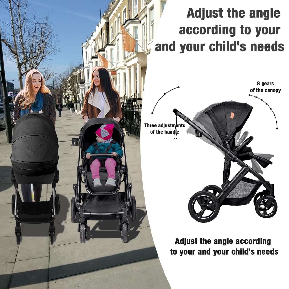 Travel System 3 in 1, from Newborn to Toddler, All-Terrain, One-Hand Fold, High-seat Baby Stroller, Convertible Pram — view 4