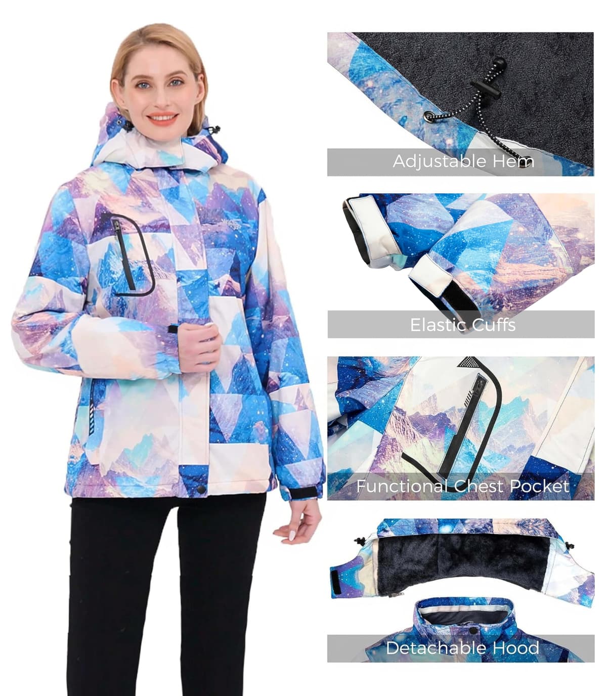 Wantdo Chaqueta de Esquí Cálida para Mujer con Forro Polar Chaqueta de Snowboard Impermeable con Capucha Abrigo de Montaña Impermeable Antiviento Mujer — view 5