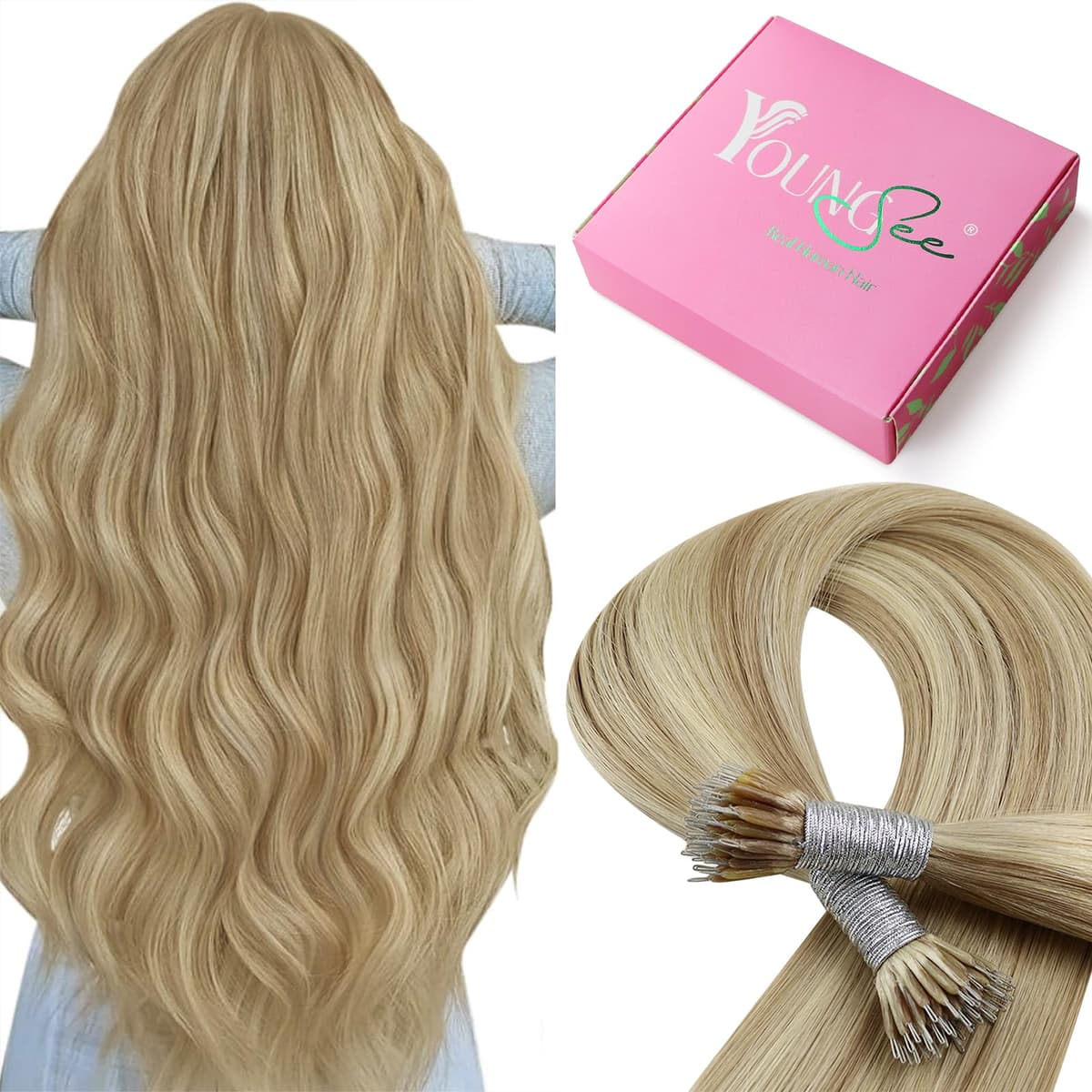 YoungSee Nano Hair Extensions Blonde 16inch Nano Beads Hair Extensions Warm Ash Blonde Highlight Bleach Blonde Nano Ring Hair Extension Highlight for School Soft Cold Fusion 50s 50g