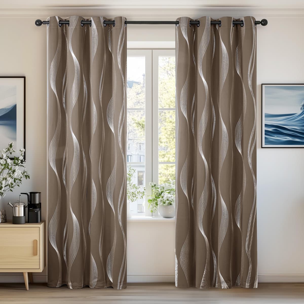 Deconovo Grey Blackout Curtains for Living Room 72 Drop Silver Wave Line Foil Printed Blackout Curtains Thermal Insulated Curtains Eyelet Curtains for Baby Nursery 46 x 72 Inch Light Grey Two Panels — view 40