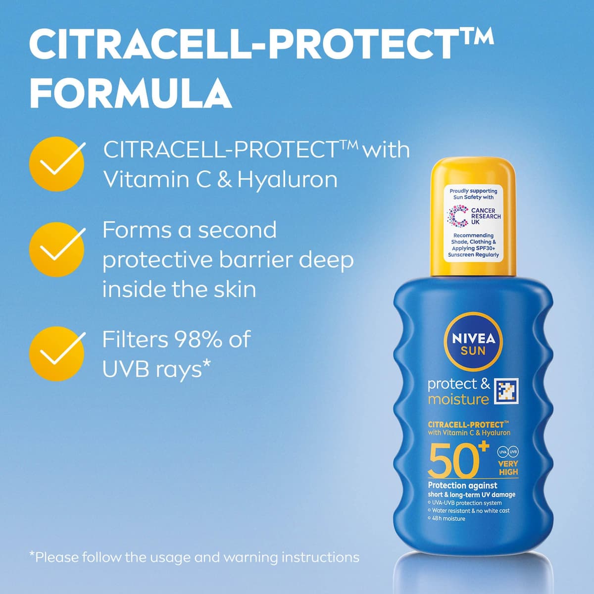 NIVEA SUN Protect & Moisture Sun Spray SPF 50+ (200ml), Moisturising Suncream Spray with Vitamin C and Hyaluron, Immediate UVA/UVB Protection, Fast-Absorbing No White Cast Formula — view 3
