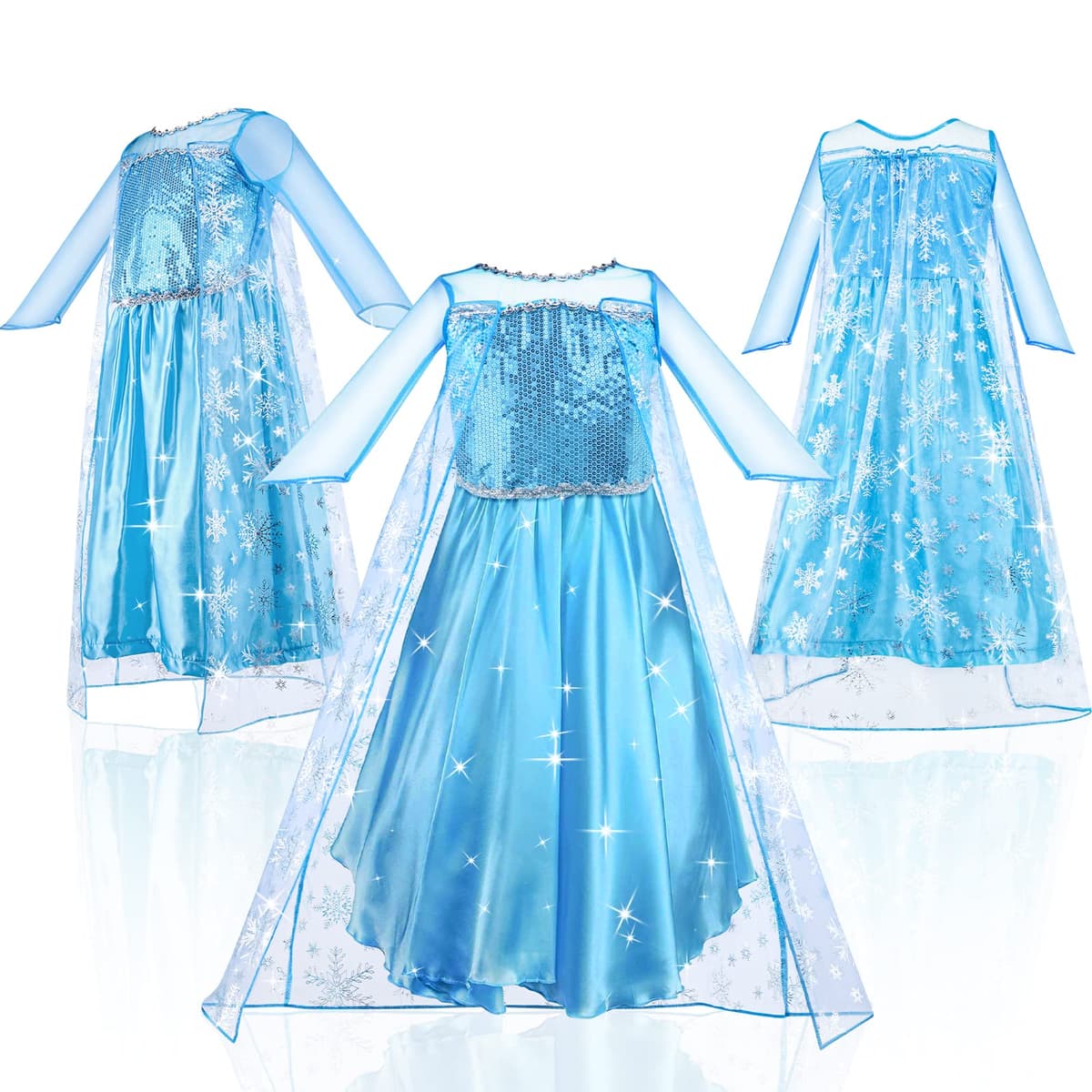 URAQT Vestidos Princesa, Disfraz de Princesa Niña con Accesorios, Traje Princesas Niñas con Capa de Copos de Nieve Brillantes, Disfraz de Halloween para Niña de Cosplay, Cumpleaños, Carnaval — view 2