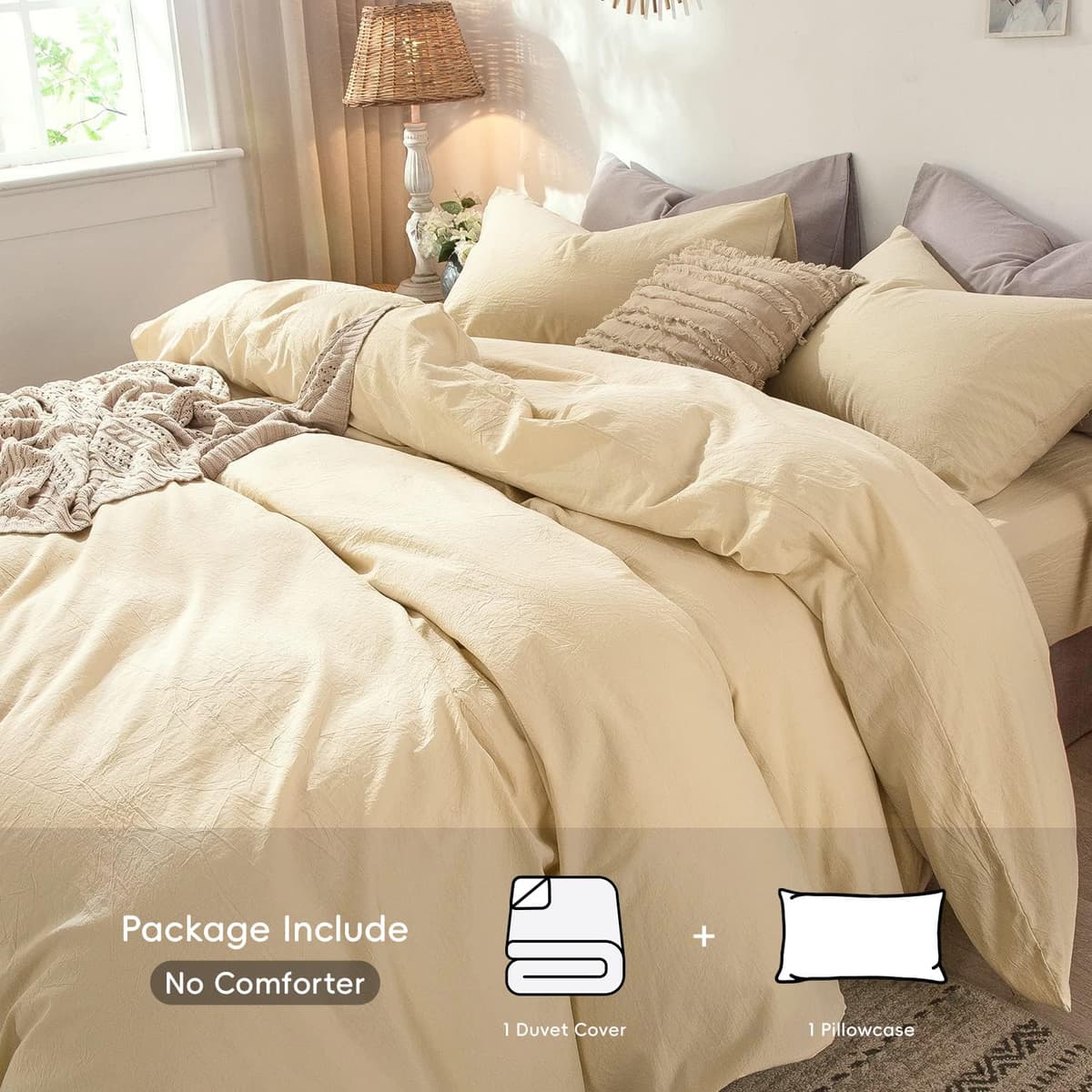 MooMee Bedding Duvet Cover Set 100% Washed Cotton Linen Like Textured Breathable Durable Soft Comfy (Tannish Linen Grey, King) — view 166
