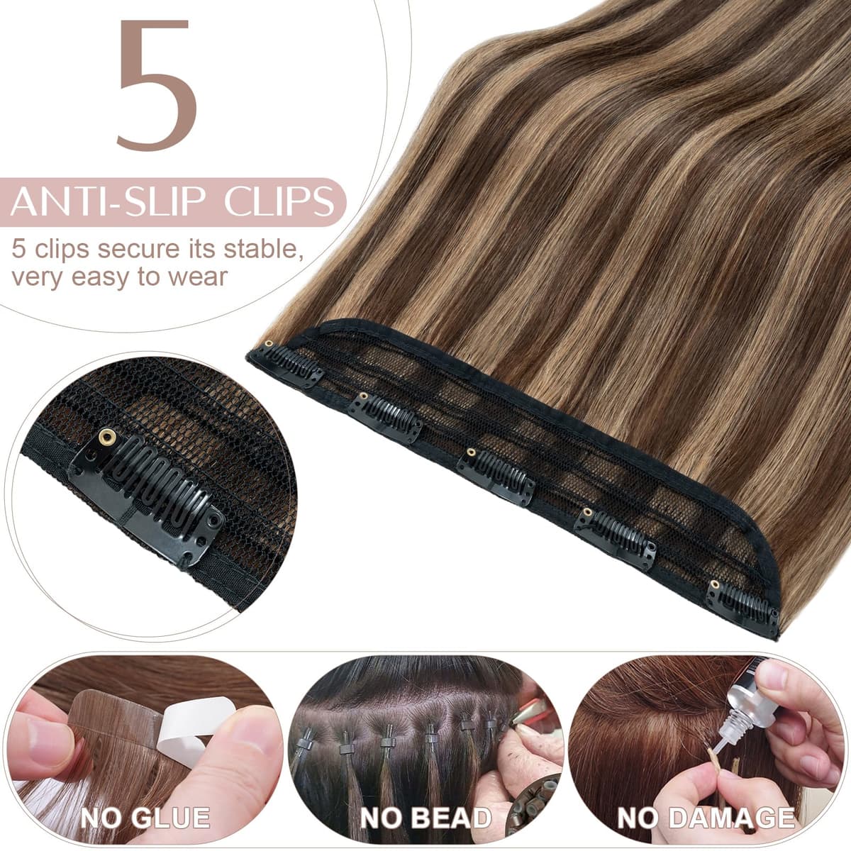 14"(35cm) SEGO Extensiones de Cabello Natural Clip Una Pieza GRUESA [#4/27 Castaño Chocolate/Rubio Oscuro] 100% Remy Pelo Humano Liso Postizos (75g) — view 3