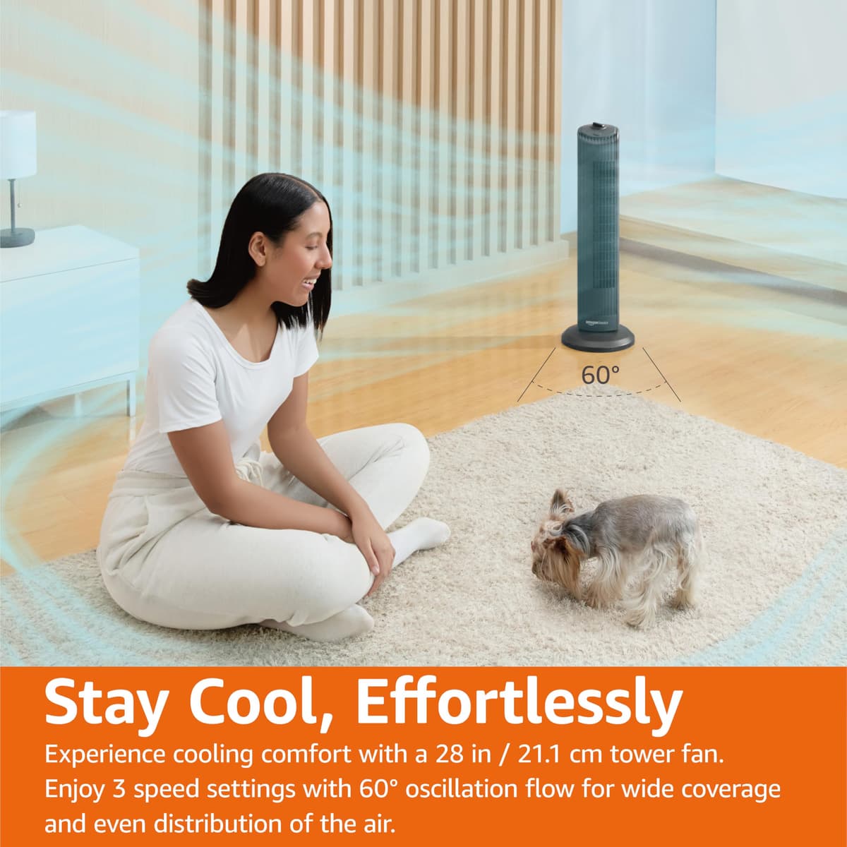Amazon Basics 28" (71 cm) 60-Degree Oscillating Tower Fan for Bedroom, Living Room, Office, With 3 Speeds, Intuitive Mechanical Control, Matte Black, 35W, 27.8" x 9.4" x 9.4" (71 cm x 24 cm x 24 cm) — view 4
