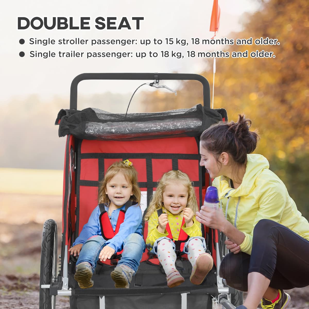 HOMCOM 2 Seat Bike Trailer for Kids, Baby Bike Stroller with 5 Point Harness, Child Bicycle Trailer with Safety Flag, Reflectors, Windproof Curtain, for 18+ Months, Red — view 4