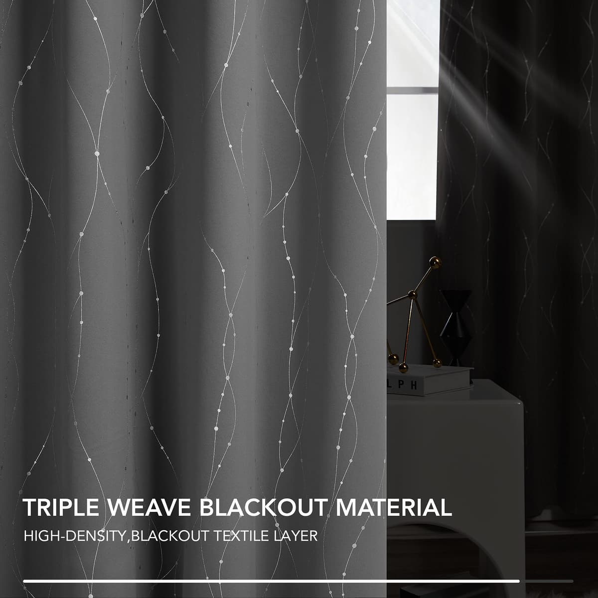 Deconovo Soft Dotted Line Foil Printed Blackout Curtains Thermal Insulated Curtains Eyelet Energy Efficiency Room Darkening Curtains for Bedroom 52 x 72 Inch Light Grey 2 Panels — view 5