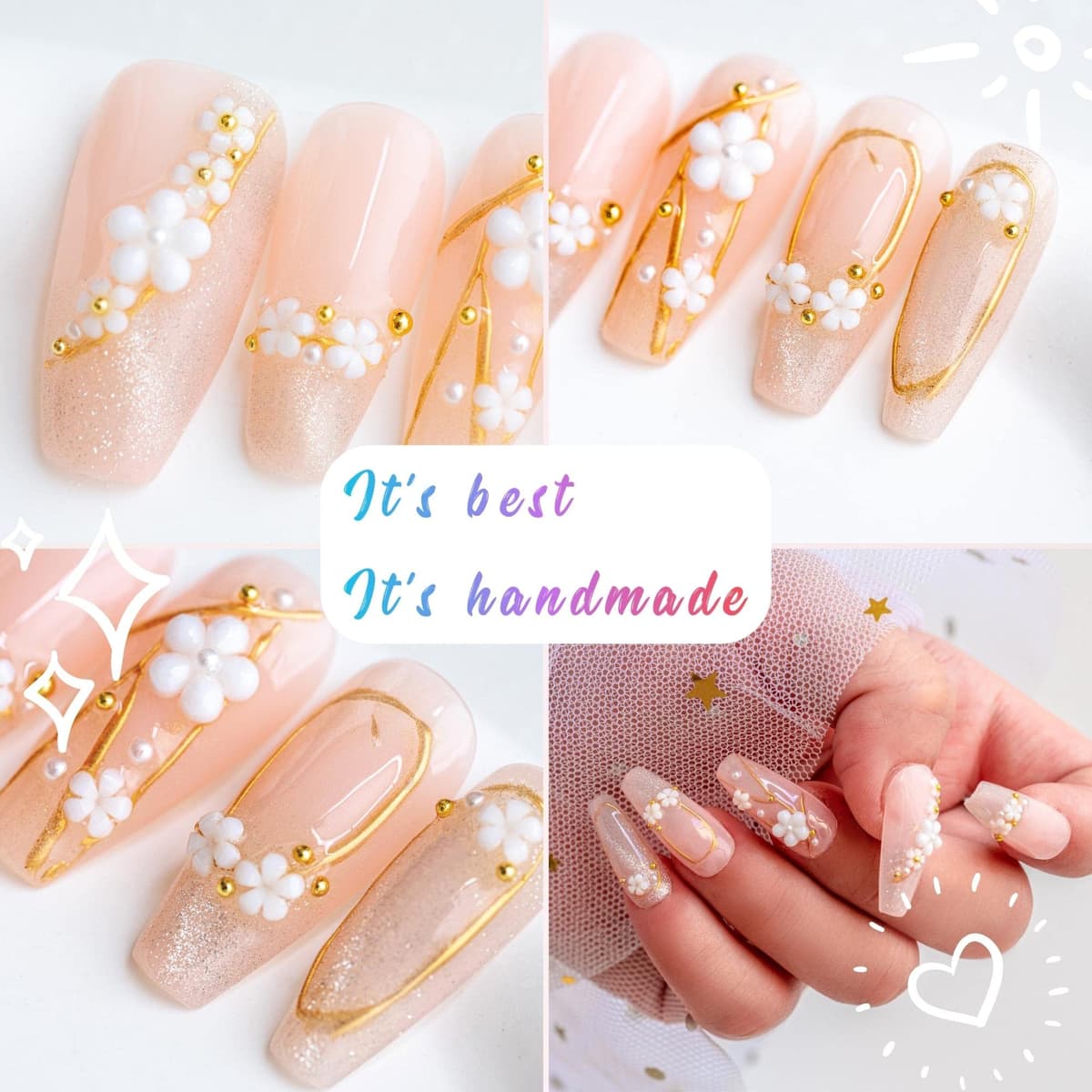 Sun&Beam Nails Handmade Press On Nail Long Coffin Ballerina Pink Flower Acrylic Fake Tip 3D Design Art Charms Cute with Storage Box 10 Pcs (S) — view 372