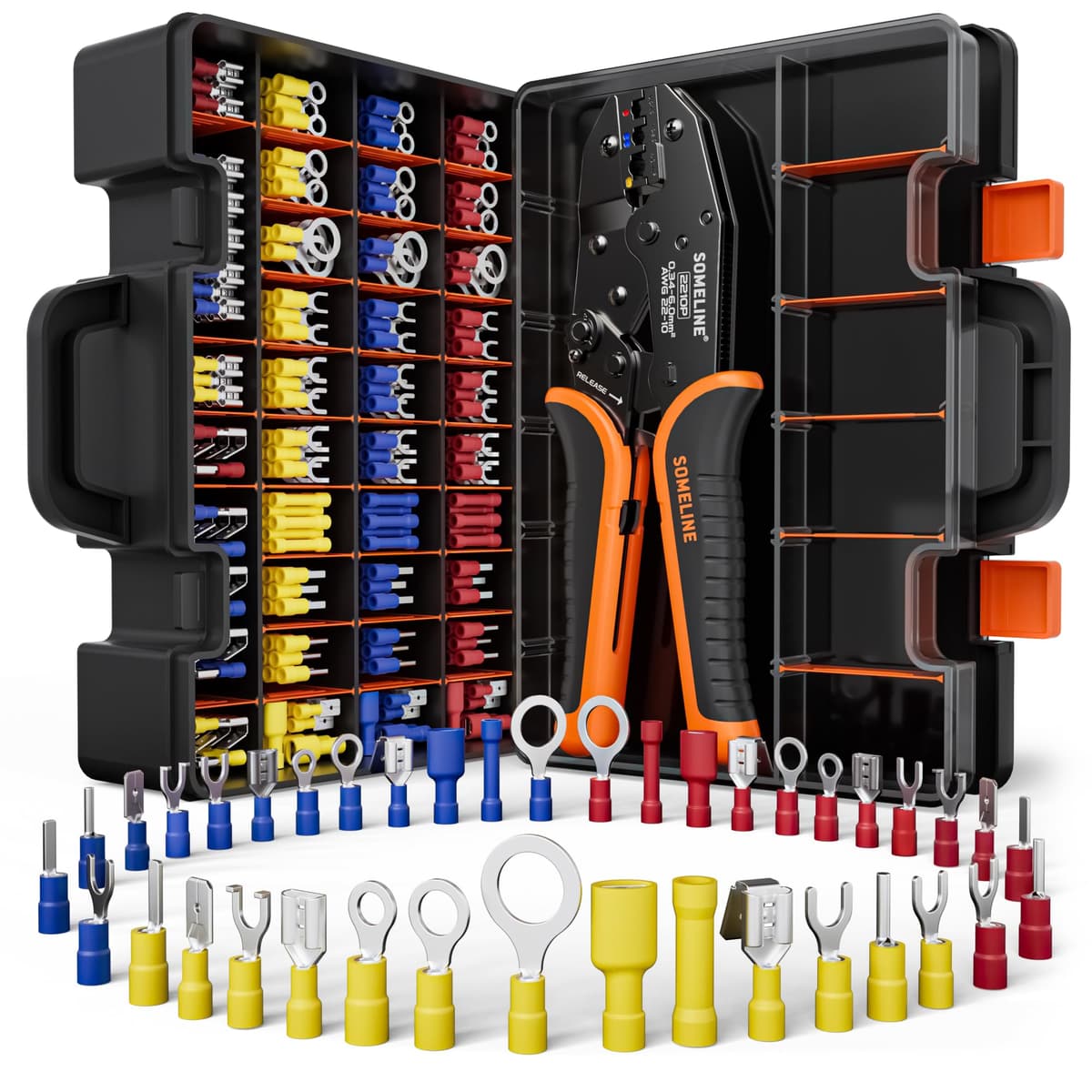 SOMELINE Kit de Crimpadora Terminales Eléctricos, 39 Tipos de Terminales Preaislados, 0,34–6 mm² Crimpadora Autoajustable de Trinquete, para Electricista, Automoción y Bricolaje