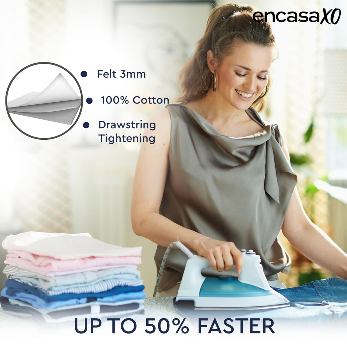 Encasa XO Ironing Board Covers and pad 125x46 cm- Thick 3mm Felt Padding, Drawstring Tightening & Lock, Heat Reflective, Scorch & Stain Resistant, for Wide Ironing Board - Big Leaves Green — view 8