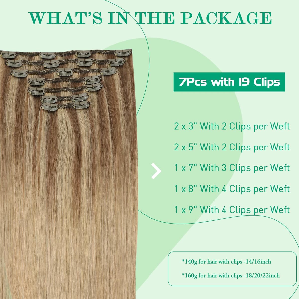 SURNEL Extensiones Clip Pelo Natural 160g 50cm 7 Piezas Balayage Marrón Claro a Rubio Caramelo Extensiones De Clip De Humano Real Extensiones Pelo Remy Natural(7C#10/27/27-50cm) — view 2
