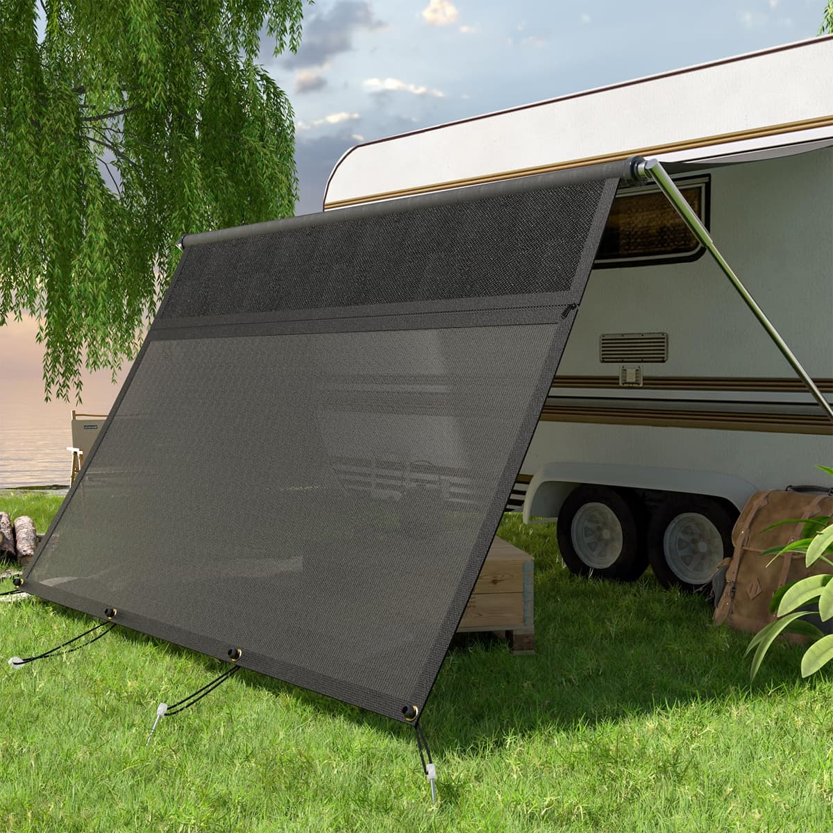 RV Awning Sun Shade, Motorhome Campervan Sun Blocker with Zipper Design, Sun Protection Privacy Screen Visual Protection for Outdoor Caravan Camping Travel (2.2x2.85m)