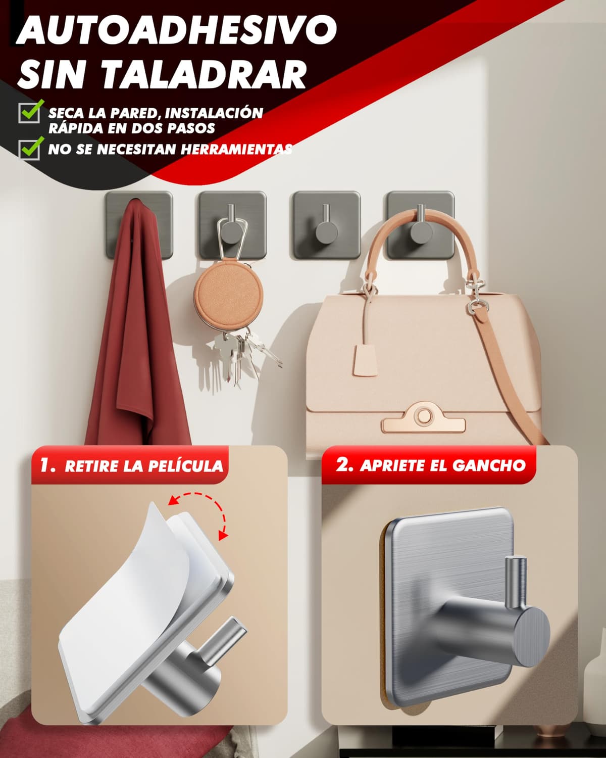 Auxmir Ganchos Adhesivos para Pared, Acero Inoxidable Colgador Toallas sin Taladro, Toalleros Autoadhesivo Extrafuerte para Baño Cocina Albornoz Trapos, Gris, 6 Piezas — view 3