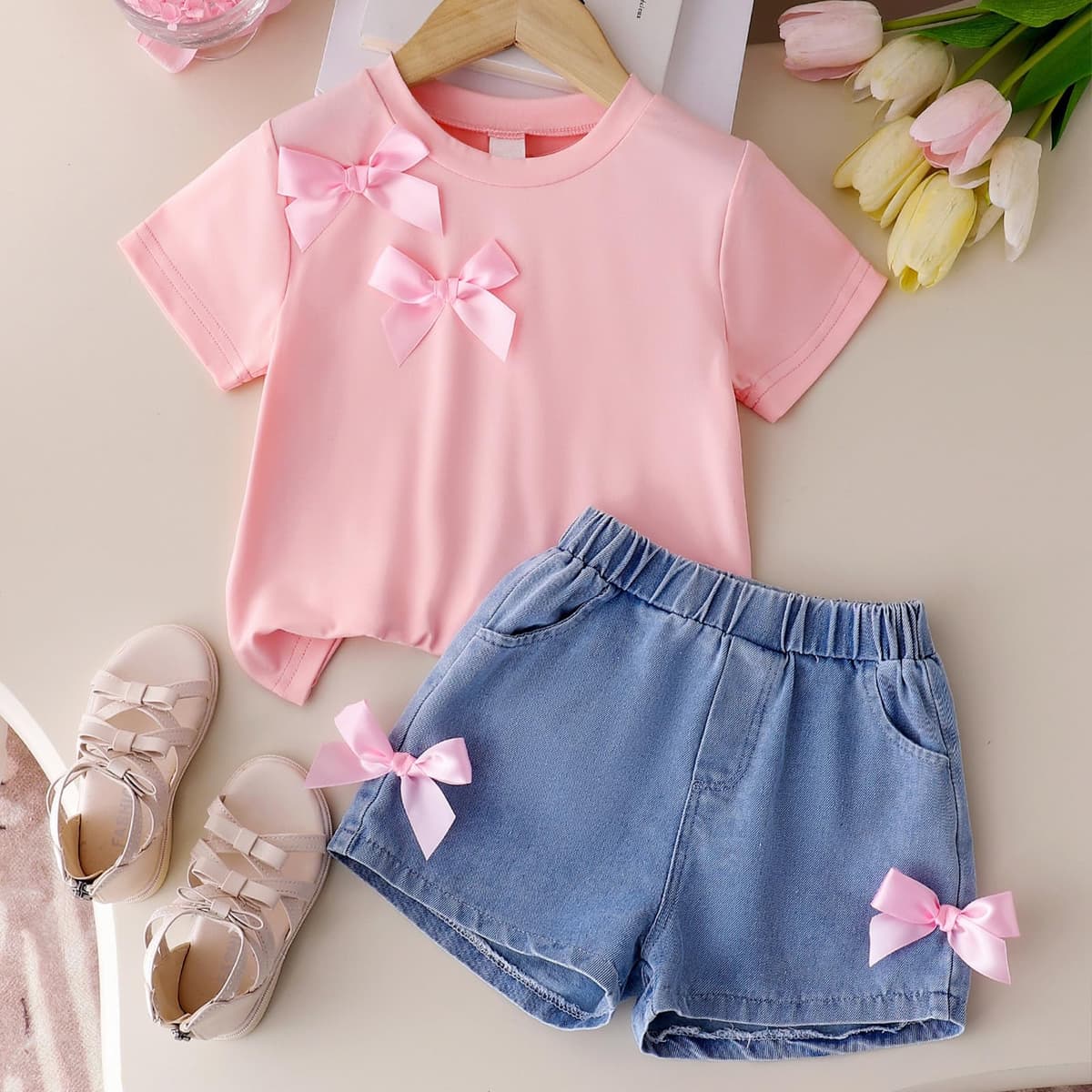 Conjunto Ropa para Niña Tee Shirt de Manga Corta y Pantalones Cortos Vaqueros Traje de Verano Conjuntos Moda Ocio dos Piezas para Niño — view 2