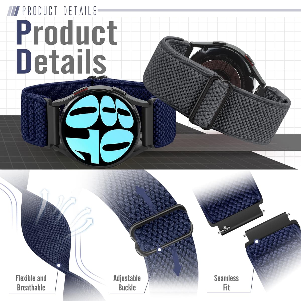 Yunshare Quick Release Watch Strap 18mm 19mm 20mm 22mm 24mm, Elastic Nylon Watch Bands Women Men for Samsung/Garmin/Fossil/Amazfit/Huawei/COROS/Xiaomi Replacement Wristband, 3pcs — view 3