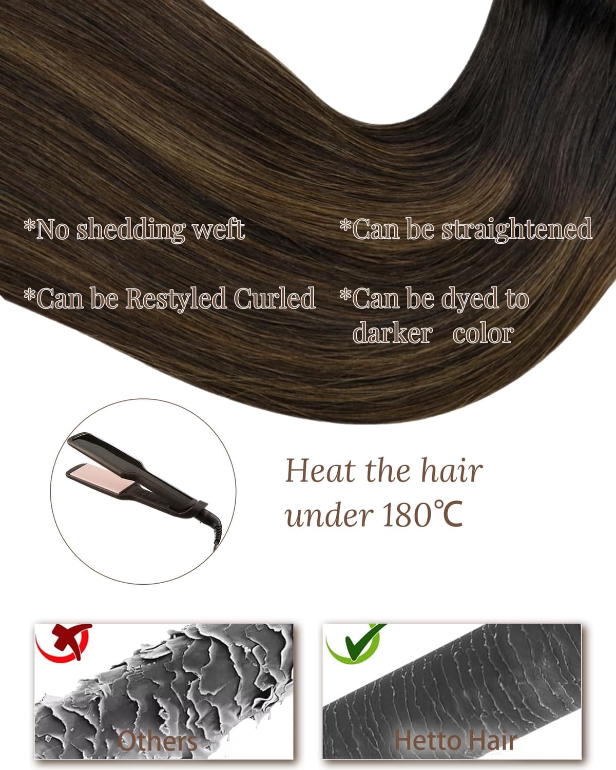 Hetto Weft Hair Extensions Real Human Hair 18 Inch 100g Balayage Dark Brown Mix Light Brown - Salon Quality Sew in Human Hair Wefts, Reusable for Daily Wear Full Head Styling #2/8/2 — view 5