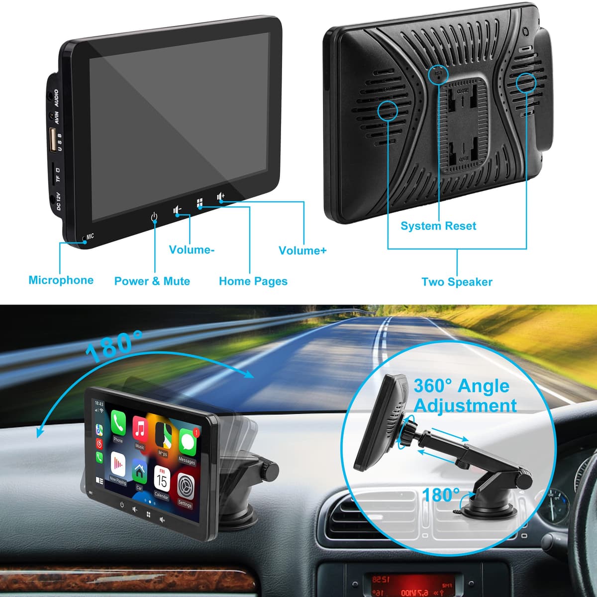 Portable Car Stereo,for Wireless Apple Carplay & Android Auto,7 Inch 1080P HD Touch Screen Radio with BT 5.0, Mirror Link Support Truck RV Dash Mount (7 inch) — view 3