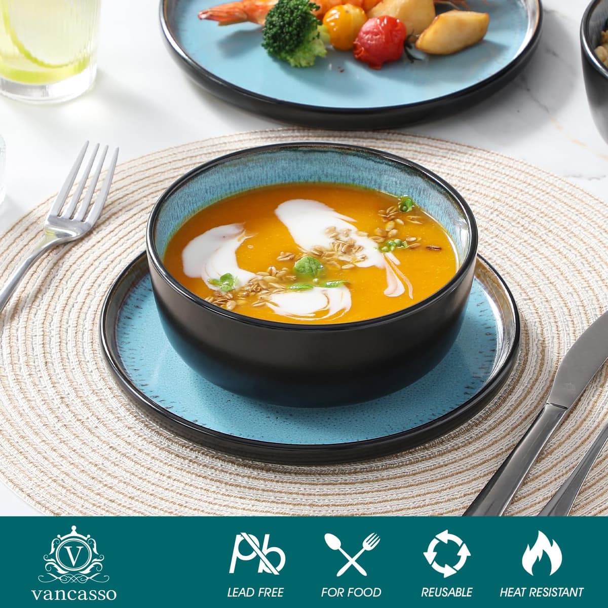vancasso Amber 18 Pieces Dinner Set for 6, Reactive Glaze Stoneware Plates and Bowls Set, Blue Crockery Set with Dinner Plates, Dessert Plates & Cereal Bowls, Microwave & Dishwasher Safe — view 4