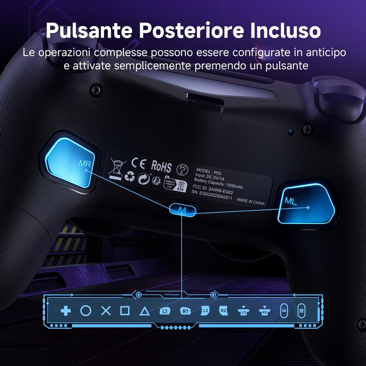 ECHTPower Mando para PS4, Upgrade Mando Bluetooth para PS4/PC, Type-C Puerto, Hall Joystick, Botones Traseros, 1000mAH Batería, Turbo, Vibración, Giroscopio, Diesño Ergonómico Antideslizante — view 4