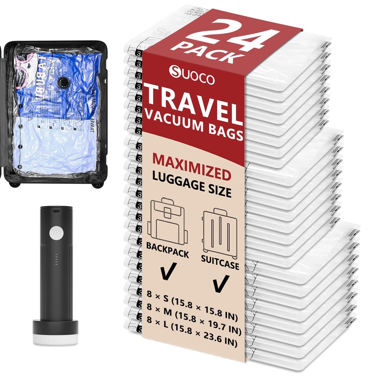 SUOCO Bolsas al Vacío Ropa, Juego de 20 Bolsas (4J + 4L + 6M + 6S) con Bomba Eléctrica, Bolsas de Almacenaje al Vacío para Ropa y Edredones, Viaje y Hogar, Resistente y Reutilizable — view 13