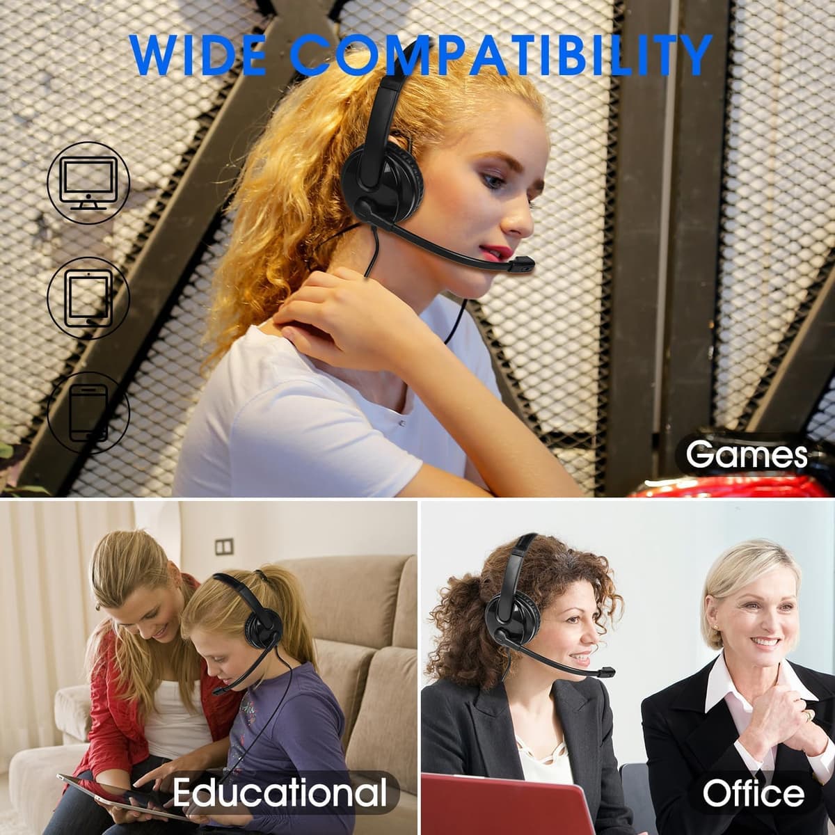 USB Headset with Microphone for PC Laptop, Adjustable Noise Cancelling Business Office Headsets, 2.5M Length Headphones with In-Line Control — view 2